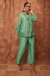 Jajobaa_Green Silk Organza Mandarin Collar Pleated Top And Pant Set  _Online_at_Aza_Fashions