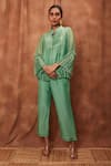 Buy_Jajobaa_Green Silk Organza Mandarin Collar Pleated Top And Pant Set  _Online_at_Aza_Fashions