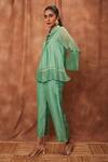 Shop_Jajobaa_Green Silk Organza Mandarin Collar Pleated Top And Pant Set  _Online_at_Aza_Fashions