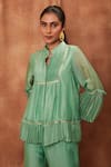 Jajobaa_Green Silk Organza Mandarin Collar Pleated Top And Pant Set  _at_Aza_Fashions