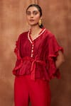 Jajobaa_Red Silk Organza Ruffle Top And Pant Set  _at_Aza_Fashions