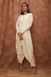 Buy_Jajobaa_Cream Maheshwari Silk Embroidered Asymmetric Top And Dhoti Pant Set  _at_Aza_Fashions