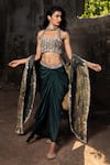 Shop_Nitara Dhanraj Label_Green Silk Embroidered Zardozi And Thread Work Bustier Draped Skirt Set With Cape _at_Aza_Fashions