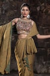 Nitara Dhanraj Label_Yellow Raw Silk Printed Geometric Pre-draped Ruffle Saree With Blouse _Online_at_Aza_Fashions