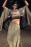 Buy_Nitara Dhanraj Label_Blue Silk Geometric Motifs Blouse Scoop Cowl Draped Skirt Set With Cape _Online_at_Aza_Fashions