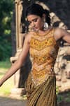 Nitara Dhanraj Label_Yellow , Raw Geometric Motifs Round Draped Skirt And Backless Top Set _Online_at_Aza_Fashions