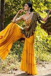 Shop_Nitara Dhanraj Label_Yellow Silk, Raw Silk, Georgette Thread Work Sharara Set With Ruffle Dupatta _at_Aza_Fashions