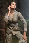 Nitara Dhanraj Label_Blue , Raw Geometric Motifs V Neck Printed Jacket And Pant Set _Online_at_Aza_Fashions