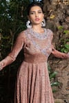 Nitara Dhanraj Label_Peach Silk, Net Geometric Motifs Round Printed Anarkali With Embroidered Dupatta _Online_at_Aza_Fashions