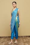 Buy_Tisha Saksena_Blue Blouse And Pant Raw  Sari Bandhani Printed V Neck Saree With _at_Aza_Fashions