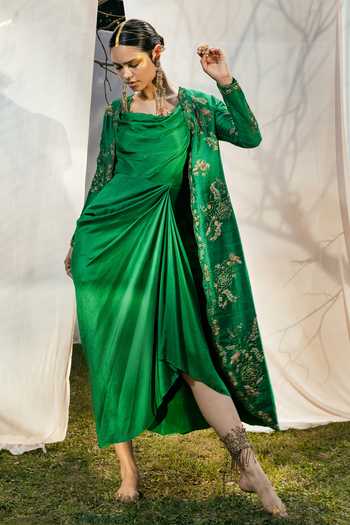 Buy_Tisha Saksena_Green Jacket Raw  Dress Dupion Floral Dress Cowl Draped Set _at_Aza_Fashions