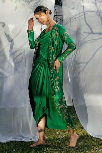 Shop_Tisha Saksena_Green Jacket Raw  Dress Dupion Floral Dress Cowl Draped Set _at_Aza_Fashions
