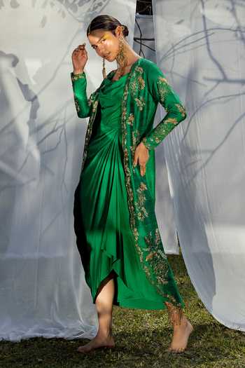 Tisha Saksena_Green Jacket Raw  Dress Dupion Floral Dress Cowl Draped Set _Online_at_Aza_Fashions