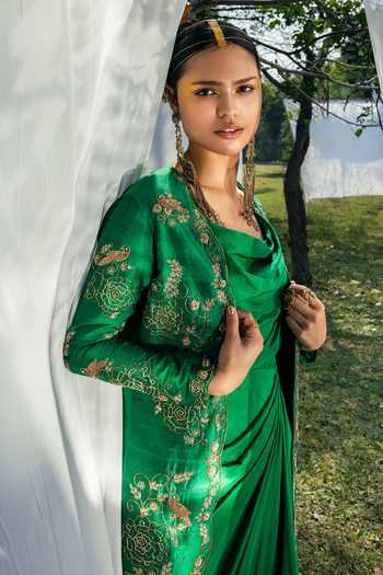 Buy_Tisha Saksena_Green Jacket Raw  Dress Dupion Floral Dress Cowl Draped Set _Online_at_Aza_Fashions