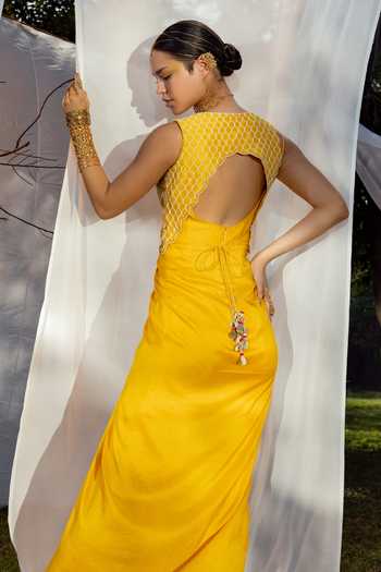 Shop_Tisha Saksena_Yellow Jacket Raw  Dress Dupion Floral Dress Cowl Draped Set _at_Aza_Fashions