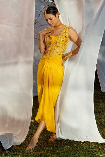Tisha Saksena_Yellow Jacket Raw  Dress Dupion Floral Dress Cowl Draped Set _Online_at_Aza_Fashions