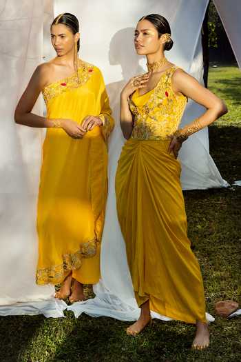 Tisha Saksena_Yellow Jacket Raw  Dress Dupion Floral Dress Cowl Draped Set _at_Aza_Fashions