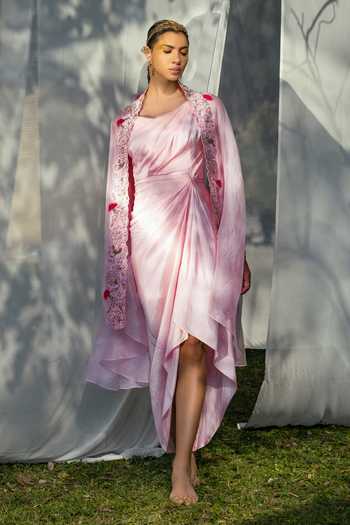 Buy_Tisha Saksena_Pink Cape Organza Dress Dupion Floral Dress Cowl Draped Set _at_Aza_Fashions