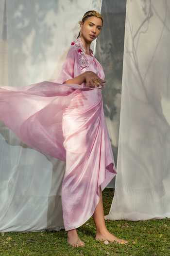 Shop_Tisha Saksena_Pink Cape Organza Dress Dupion Floral Dress Cowl Draped Set _at_Aza_Fashions