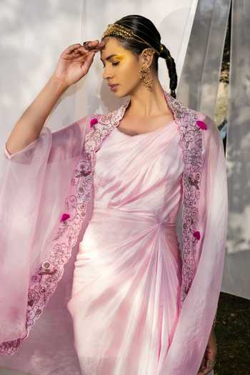 Tisha Saksena_Pink Cape Organza Dress Dupion Floral Dress Cowl Draped Set _Online_at_Aza_Fashions