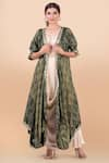 Buy_Jajobaa_Beige Banarasi Silk Printed Cape Open Dress Bandhani And Draped Tunic Set _at_Aza_Fashions