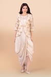 Buy_Jajobaa_Beige Maheshwari Silk Embroidery Jacket Leaf Dress Round And Draped Set _at_Aza_Fashions