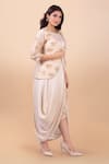 Jajobaa_Beige Maheshwari Silk Embroidery Jacket Leaf Dress Round And Draped Set _Online_at_Aza_Fashions