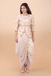 Buy_Jajobaa_Beige Maheshwari Silk Embroidery Jacket Leaf Dress Round And Draped Set _Online_at_Aza_Fashions