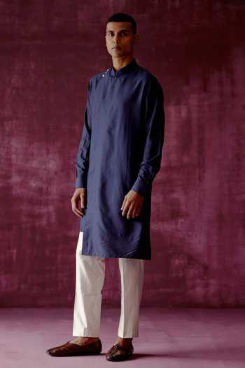 Pouli Pret_Blue Cotton Satin Asymmetric Overlap Kurta _Online_at_Aza_Fashions