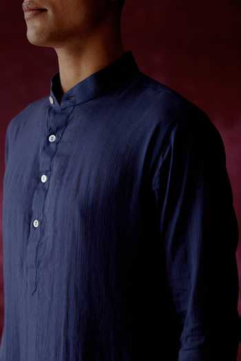 Buy_Pouli Pret_Blue Cotton Satin Asymmetric Overlap Kurta _Online_at_Aza_Fashions