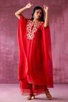 Buy_Pouli Pret_Red Georgette Organza Embroidered Zardozi Keyhole Kaftan And Pant Set _at_Aza_Fashions