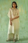 Buy_Pouli Pret_Off White Georgette Organza Embroidered Zardozi Keyhole Kaftan And Pant Set _at_Aza_Fashions