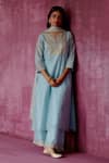 Buy_Pouli Pret_Blue Chanderi, Lining Cotton, Silk Kota Sequins, Embroidered Kurta Pant Set _at_Aza_Fashions