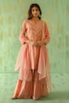 Buy_Pouli Pret_Pink Chanderi Embroidered Zari Notched Kurta Gharara Set _at_Aza_Fashions