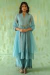 Buy_Pouli Pret_Blue Chanderi Embroidered Mirror Mandarin Collar Kurta Pant Set _at_Aza_Fashions