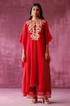 Pouli Pret_Red Georgette Organza Embroidered Zardozi Keyhole Kaftan And Pant Set _Online_at_Aza_Fashions