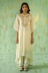 Pouli Pret_Off White Georgette Organza Embroidered Zardozi Keyhole Kaftan And Pant Set _Online_at_Aza_Fashions