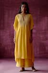 Pouli Pret_Yellow Georgette Embroidered Mirror Notched Neck Kaftan And Pant Set _Online_at_Aza_Fashions