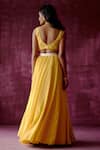 Shop_Pouli Pret_Yellow Georgette Embroidered Floral V Neck Gathered Lehenga Set _at_Aza_Fashions