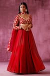 Buy_Pouli Pret_Red Georgette Embroidery Resham Deep V Neck Lehenga Set With Blouse _at_Aza_Fashions