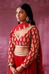 Buy_Pouli Pret_Red Georgette Embroidery Resham Deep V Neck Lehenga Set With Blouse _Online_at_Aza_Fashions