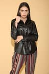 TORQADORN_Black Faux Leather Straight Collar Shacket  _Online_at_Aza_Fashions