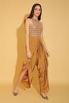 Shop_TORQADORN_Brown Crepe Embroidered Sequin Work High Neck Dhoti Jumpsuit  _at_Aza_Fashions