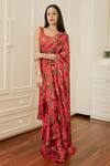 Buy_Prints by Radhika_Red Satin Georgette Pre-draped Ruffle Saree With Belt_at_Aza_Fashions