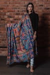 Buy_Taroob_Blue Wool Royal Palace Kalamkari Shawl _at_Aza_Fashions