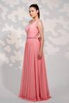 Buy_Tamaraa By Tahani_Pink Georgette Crystals Asymmetric One Shoulder Drape Pleated Gown _Online_at_Aza_Fashions