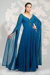 Buy_Tamaraa By Tahani_Blue Georgette Embroidered Crystals V Neck Long Cape Sleeve Jumpsuit _Online_at_Aza_Fashions