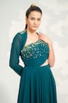 Shop_Tamaraa By Tahani_Green Georgette Embroidered Crystals Dela High Collar One Shoulder Pleated Gown _at_Aza_Fashions