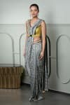 Qbik_Grey Raw Silk Embroidery V Neck Pre-draped Saree With Blouse  _Online_at_Aza_Fashions