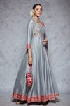 Ajiesh Oberoi_Grey Dupion Silk Embroidery V Neck Anarkali Set _Online_at_Aza_Fashions